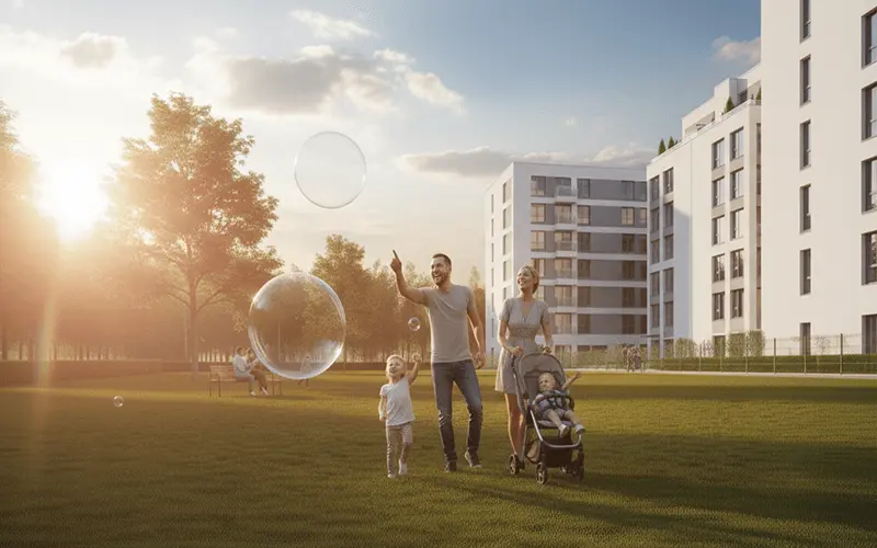 Rodzina spacerująca przed nowoczesnymi budynkami mieszkalnymi